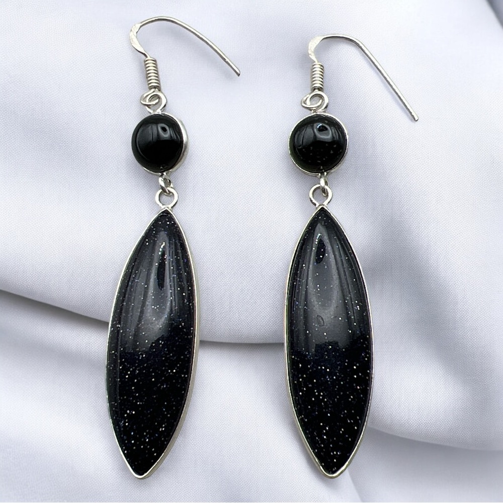 New Blue Sandstone w Black Onyx Long Silver Overlay Hook Earrings